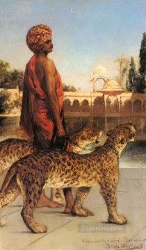 ジャン・ジョセフ・バンジャミン・コンスタント Painting - 二匹のヒョウを連れた宮殿の衛兵 ジャン・ジョセフ・ベンジャミン 一定の東洋学者